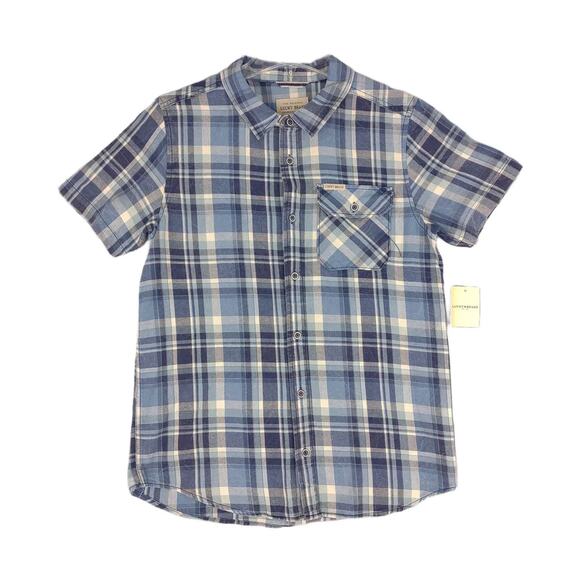 NWT Lucky Brand Men's Blue Flannel Rockabilly Short Sleeve Shirt (Runs Small) - Picture 1 of 7